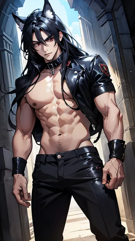 (absurdres, highres, ultra detailed), 1 male, boy, adult, handsome, tall muscular guy, broad shoulders, finely detailed eyes and detailed face, black very long hair, red eyes, handsome, fantasy, gothic, wolf ears, wolf tail, Sunlight, Fantastic light and s...