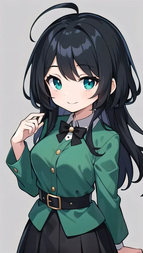 Junior high school student who looks like an elementary school student, 14 years old, very short, 140 cm tall, black hair with a slight green tinge, short ahoge, beautiful long hair but with a little hair sticking out, beautiful round eyes, blue eyes, smil...