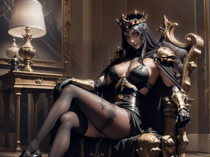 1 girl, alone, Queen, black hair long, gazing at viewer, tails, waist belt, cape, hip armors, armors, gauntlets, don, Royal Throne, looking to the down, sitting sideways not throne, Queen,
cloused mouth, mascara, ombre, mole under the eye, Bblack hair, SID...