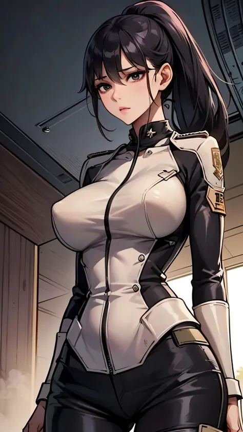 Lin Wei, a beautiful human-hybrid with striking black eyes and long black hair tied in a high ponytail, stands confidently. She looks directly at the camera with a determined and intelligent gaze. Her military uniform fits perfectly, highlighting her stron...