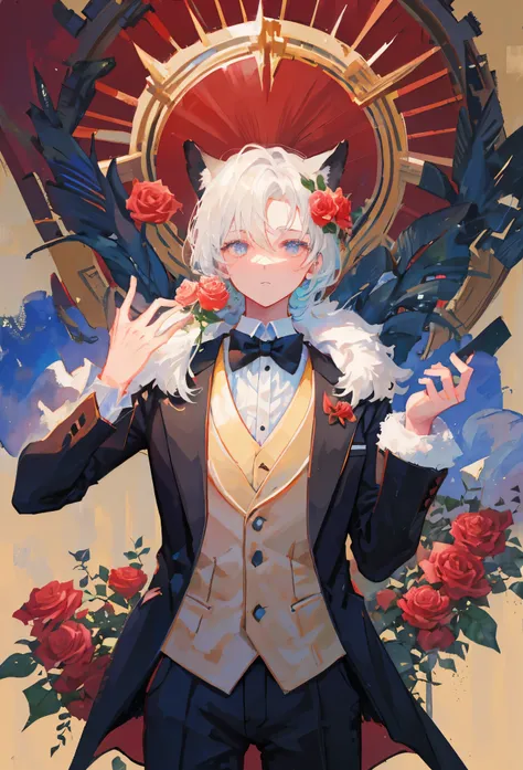 Watercolor elements, 1boy, kemono, furry, detailed body fur, animal face, animal hand, Handsome boy in tuxedo holding a red rose and looking at viewer,