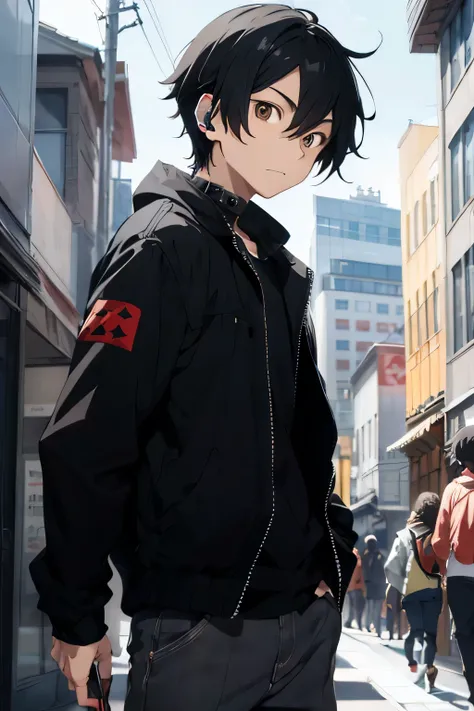 Anime-style teenage boy with black hair, wearing a black jacket, headphones around his neck, looking at the screen. Make sure the style is clearly anime with sharp lines, vibrant colors, expressive eyes and brown eyes.