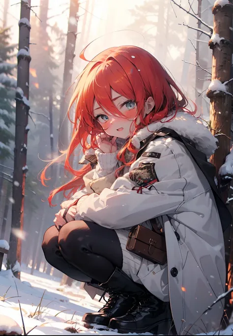 Shana,灼眼のShana,Long Hair, Redhead, Red eyes,Ahoge,,smile,blush,White Breath,
Open your mouth,snow,Ground bonfire, Outdoor, boots, snowing, From the side, wood, suitcase, Cape, Blurred, , forest, White handbag, nature, Squat, Mouth closed, Cape, winter, Wr...