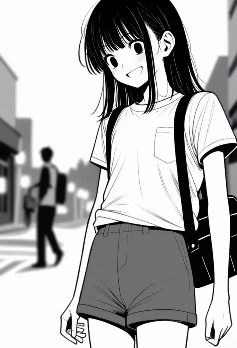 masterpiece, best quality, 1girl, mamerakkkkko, grayscale, manga style, japanese, chi no wadachi, black eyes, street, iced, black hair, schoolbag, smile, lineart, white background, white shirt, grey shorts, centered, 18 years old, tall, fair skinned
