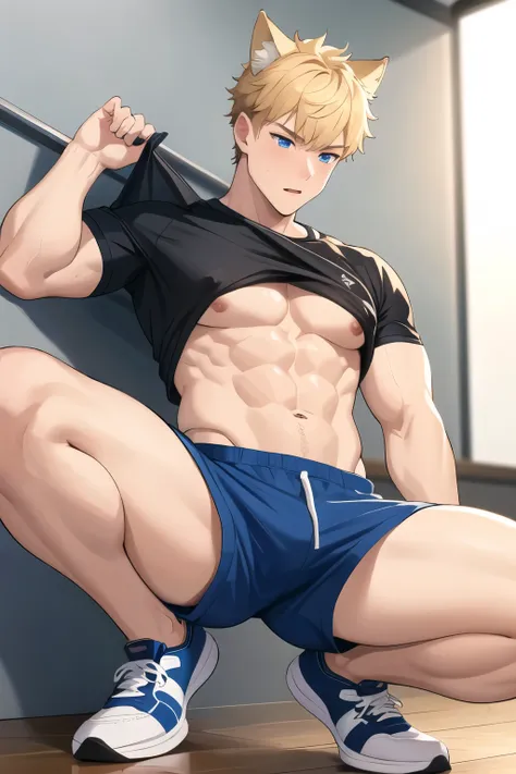 masterpiece, best quality, male focus, 1boy, solo, muscular male, bara, wolf ears, shirt, shirt lift, lifted by self, abs, short...