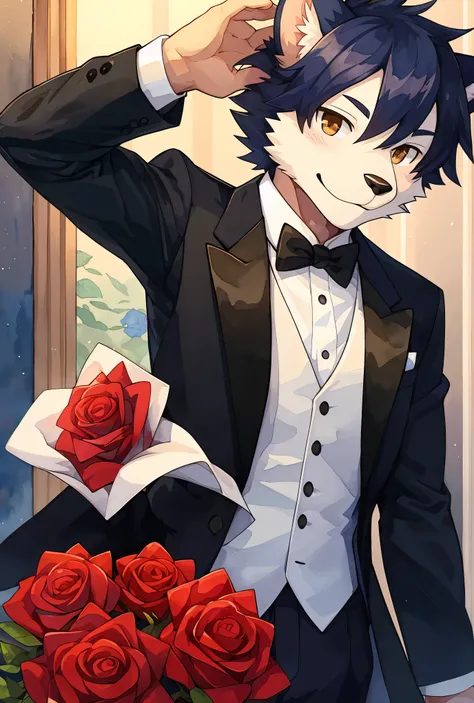 Watercolor elements, 1boy, kemono, furry, detailed body fur, animal face, animal hand, Handsome boy in tuxedo holding a red rose and looking at viewer,