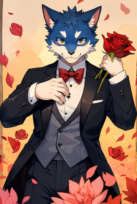 watercolor elements, 1boy, kemono, furry, detailed body fur, animal face, animal hand, handsome boy in tuxedo holding a red rose...