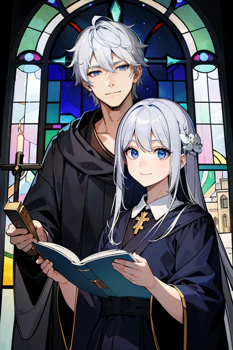 (high quality, Breathtakingly beautiful),(Expressive eyes, Perfect Face)1 Male、Silver Hair、Age 25、Adult、 Dark blue eyes, Black Robe, White shirt, smile、church、lily、Light、sacred、Stained glass、Angel