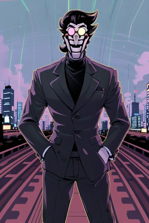 a cartoon of a man in a suit standing on a train track