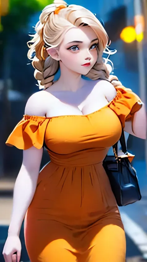 a woman posing on the street corner with orange dress on, best quality, 1girl, large breast, day, bright, blur background, bokeh, outdoor, (street:0.8), (people, crowds:0.8), (off-shoulder dress:1.2), gorgeous, (braided bangs:1.2), beautiful detailed sky, ...