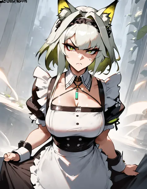 1girl, kaltsit (arknights), arknights  masterpiece, best quality, very aesthetic, absurdres, newest  slim body,///// ,by nyantcha,cutesexyrobutts , by khyle,,////// beautiful face, sexy, serious, angry, green eyes, animal ears, big tits,victorian maid
,  s...