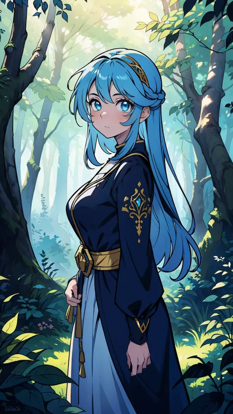 a beautiful anime girl with long blue hair, vibrant blue eyes, detailed facial features, flowing dress, standing in a lush fantasy forest landscape, sunlight filtering through the trees, digital painting, intricate details, cinematic lighting, highly detai...