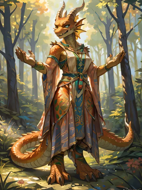 dragonborn, copper dragon scale skin, horn, female, standing, strong, druid priestess, magical forest, light particles, pino dae...