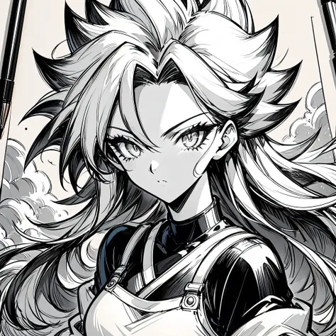 a drawing of a woman with long hair and a black top, black and white manga style, extremely detailed artgerm, android 21 , style...