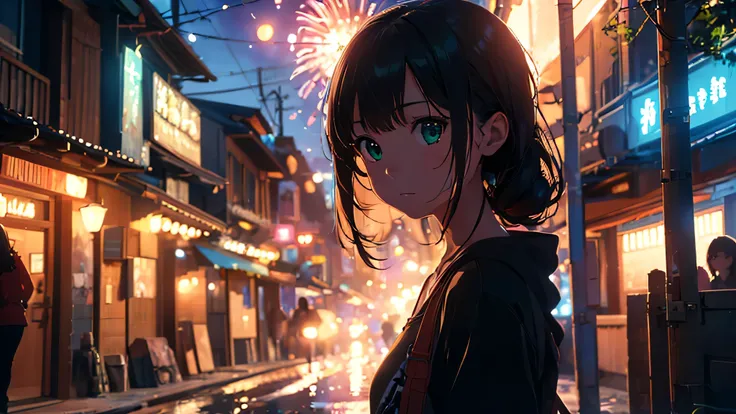 One girl,alone,One girl,alone,((Beautiful fine details)), (Detailed light),Depth of FieldHighest Quality,Ultra-high resolution,summer, Black shortcuts,Green Eyes,Emotional,Headphones,Fireworks are set off,Movie world view