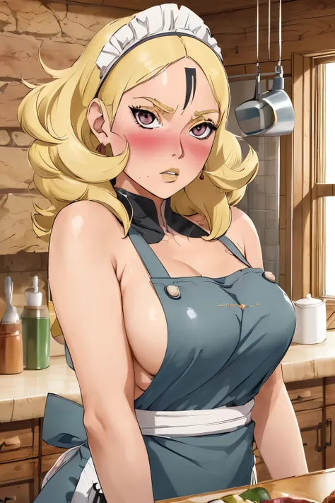 (best qualityer:1.3), (4K quality), Delta by Boruto, blonde hair, ((face detailed)), ((blush)), (big breasts), ((apron on naked body, kitchen)), ((bare shoulders)), bare arms,