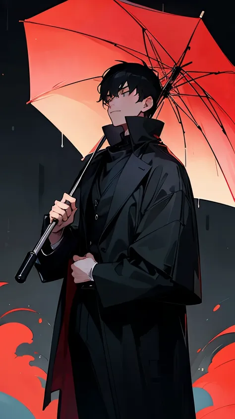 19-year-old holding an umbrella、A young man in black, wearing a black jacket and a grey turtleneck、The background is in the rain