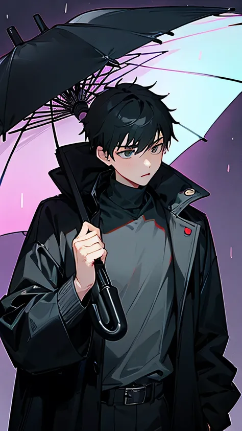 A 15-year-old boy holding a black umbrella、He is wearing a black jacket and a grey turtleneck。The background is in the rain