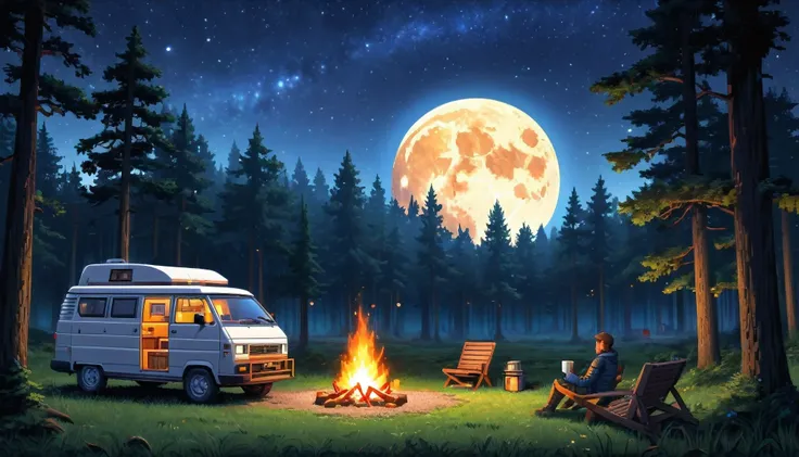 a detailed advance futuristic camper van in a grassy forest clearing at midnight,full moon shining bright, starry sky, campfire, man sitting and drinking coffee,pixelart,HDR,8k,high quality,photorealistic,detailed interior,masterpiece