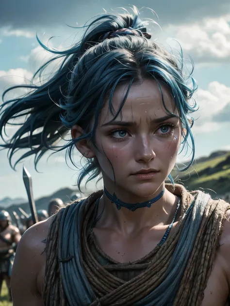 Helen Skelton, in Braveheart, close-up action shot from ground level, naked Celtic warrior with blue warpaint, woad, sweating, damp hair, on a bloody battlefield