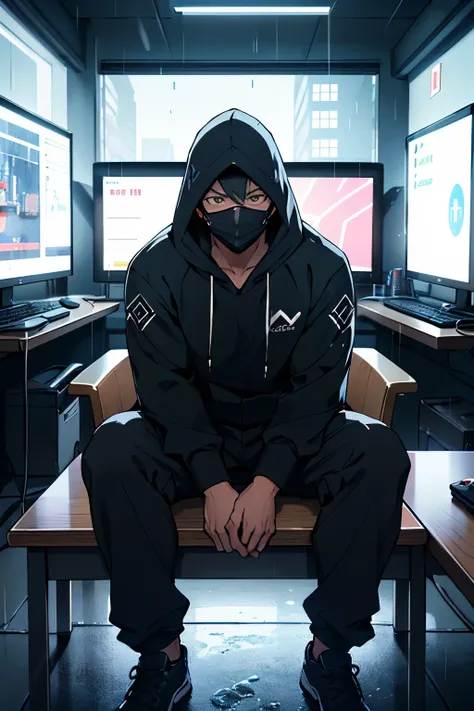  A anime boy with black mask white baggy hoody sitting behind a gaming table facing forward towards camera  in a room with volumetric light and behind him is a window while its raining. He looks like a business man entrepreneur and have a gaming room high ...