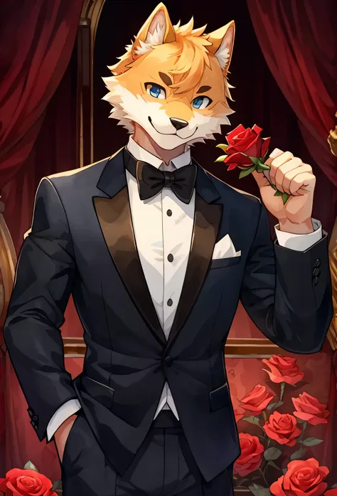 watercolor elements, 1boy, kemono, furry, detailed body fur, animal face, animal hand, handsome boy in tuxedo holding a red rose...