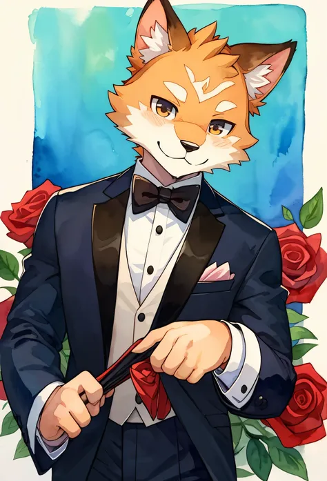 watercolor elements, 1boy, kemono, furry, detailed body fur, animal face, animal hand, handsome boy in tuxedo holding a red rose...