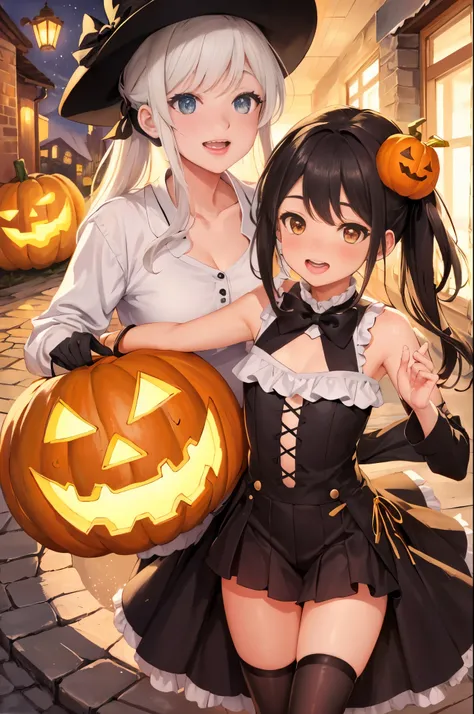 Create a detailed, high-quality fan art cover for a doujinshi based on a slice-of-life anime series, featuring a close-knit family enjoying Halloween together. The scene should depict a festive and joyous atmosphere, with the family members laughing and su...