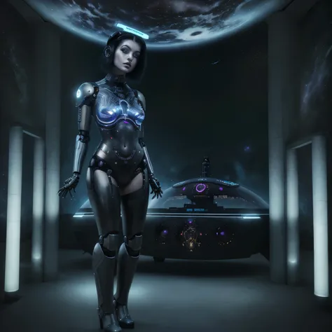 Sexy girl posing with a gothic style among hieroglyphs where you can see a part of the cosmos while she looks like a futuristic robotic in 4k 