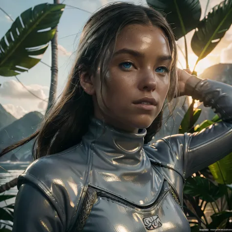 ((Milly Alcock)) as Lara Croft Tomb Raider, (wearing a grey silver pvc turtleneck wetsuit:1.3), posing in an ancient Mayan lagoon, jungle plants, jungle flowers, raging fires in background, sunset setting, tropical birds in sky, wet skin, red wavy hair, ph...