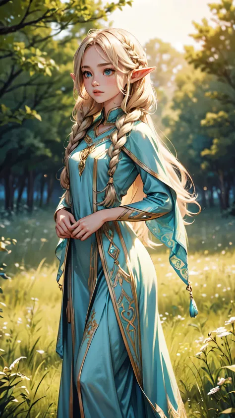 Graceful elven girl standing in meadow, Delicate face illuminated by the soft light of the setting sun. Her long, Flowing hair runs down your back, Decorated with intricate braids、Adorned with sparkling gemstones. This great photo is、、、It captures the ethe...