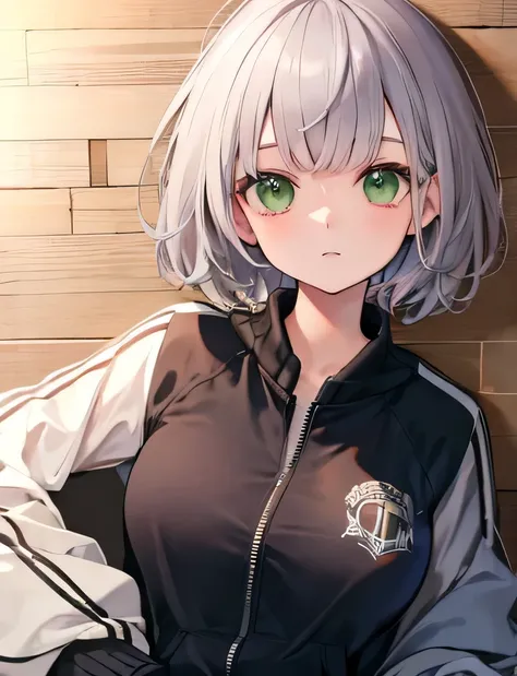 Highest quality, masterpiece, Ultra-high resolution, grey hair, short hair, green eyes, black letterman jacket, on floor,