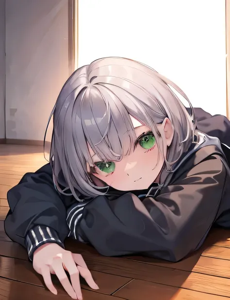 Highest quality, masterpiece, Ultra-high resolution, grey hair, short hair, green eyes, black letterman jacket, on floor,