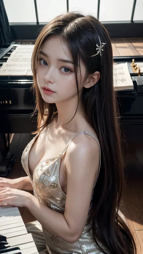 ((Beautiful girl playing piano in the living room, Practicing the piano)), super detailed piano, From above, Mysterious Space, clear々A nice morning, Living room of the mansion, Foliage plant, Window, (15 years old, Baby Face:1.4), (clear楚な黒ドレス), (Slender b...