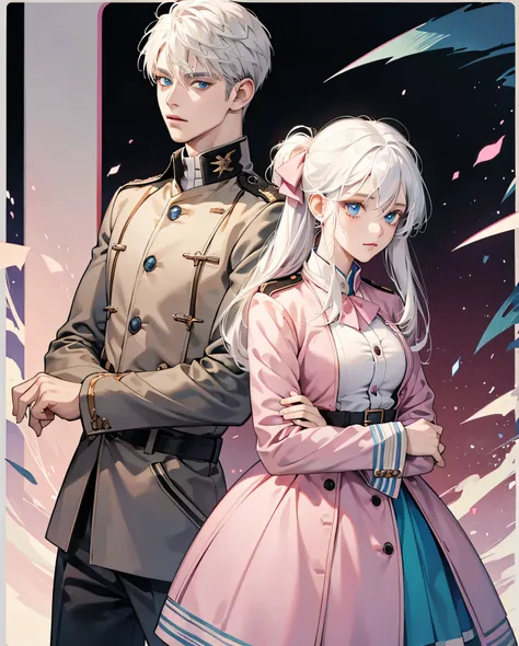 Couple 1 boy and 1 Girl Survey Corps Uniform, white hair with pink tips, blue eyes