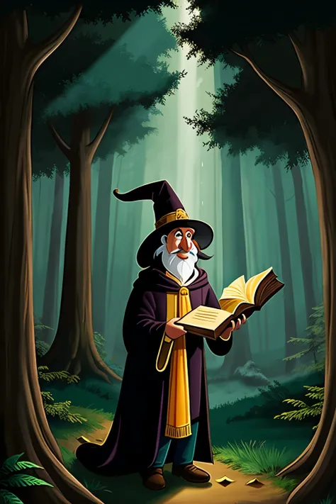 an animated wizard hiding a book in a cartoon dark forest