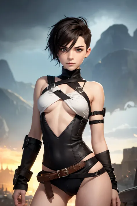 A happy young female rogue with an undercut in a fantasy setting. A rogue. Very androgynous looking. In a good mood. Sympathic. Tomboyish. Androgynous. Slim body. Very . Very small breasts. Wide hips. Thick legs. Face: Extremly pale skin with liverspots an...