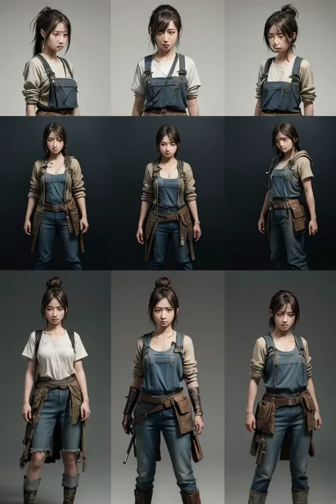 Generate a sprite sheet for a female character from a post-apocalyptic world. The character should have distinct Japanese features and be clearly feminine. She should be carrying a katana and have a clothing style reminiscent of the characters in The Last ...