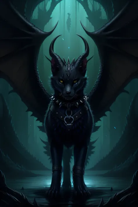 
abyss monster, horror, female, feral, black smooth fur, webbed wings, claws, horns, black eyes, feline body, fangs, vagina, feline pussy, leather harness, full body, spiked collar, Detailed body fur,a three-quarter view,  masterpiece