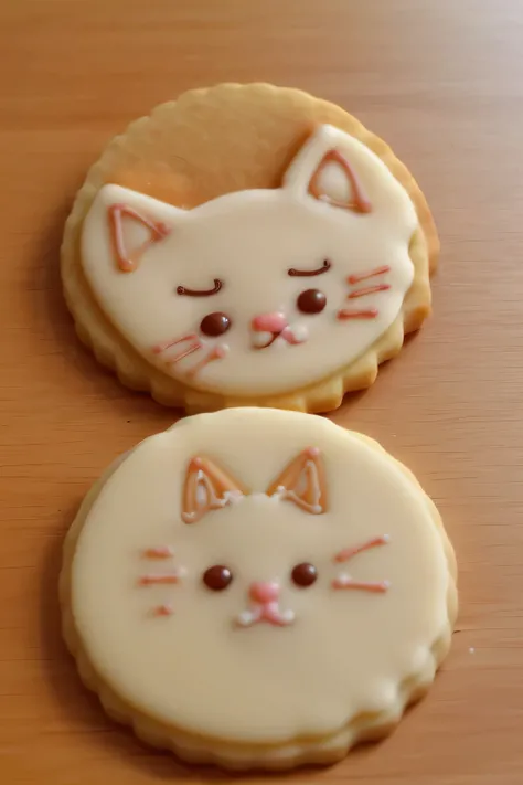 shortbread cookie in the shape of a kitten&#39;s head with blackberry sauce, chocolate, strawberry, blueberry