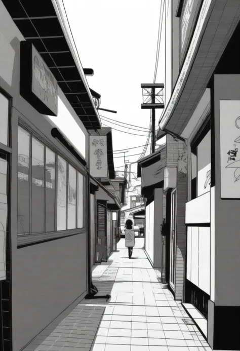 masterpiece, best quality, scenery, mamerakkkkko, grayscale, manga style, japanese, chi no wadachi,, street, iced, lineart, cent...