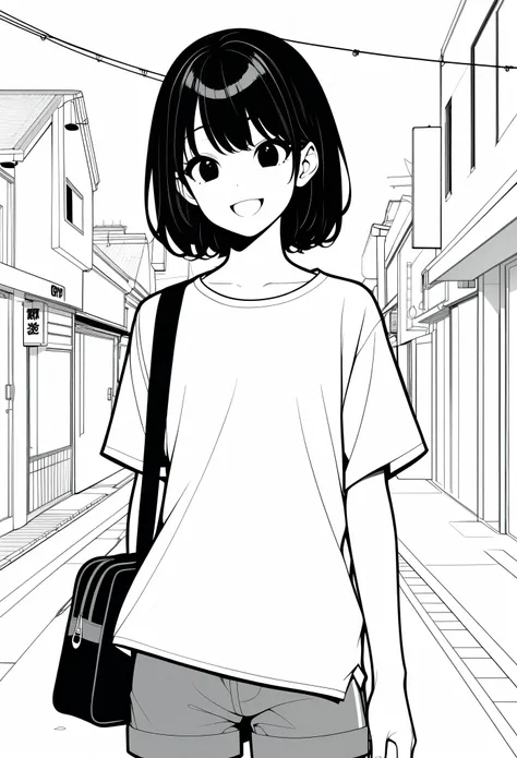 masterpiece, best quality, 1girl, jyt:4, grayscale, style: manga, japanese, chi no wadachi, black eyes, street, iced, black hair, schoolbag, smile, lineart, white background, white shirt, grey shorts,