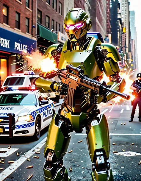 ((masterpiece), (best quality), (hires), humanoid cyborg, cyborg, no humans, green armor, (in front of a police car riddled with bullets), new york street backdrop, cowboy shot, front view, ((robot right arm with machine gun mounted on the hand, muzzle fla...