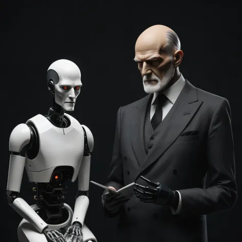 Futuristic minimalist singularity, simple dark background, duality, human Sigmund Freud and a thinking robot.