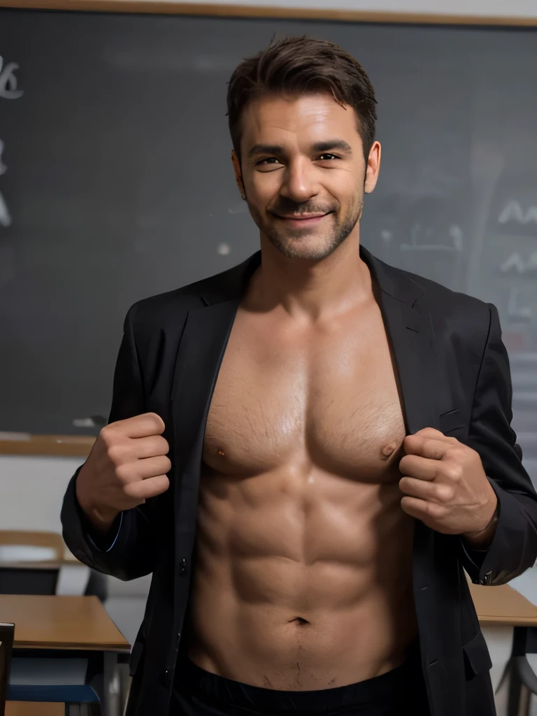 ((best quality)), ((masterpiece)), (detailed), italian male around 40 years old. He is a teacher. He has 30 students and they are boys. He stands in front of his students. He is teaching them. He wears the Brown suit without Shirt inside. He has muscular b...