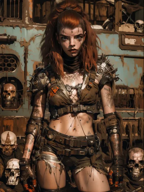 a highly detailed and realistic skull girl,( anya. taylor joy) cyberpunk character, mad max furiosa, one hand robot, cyborg arm,...