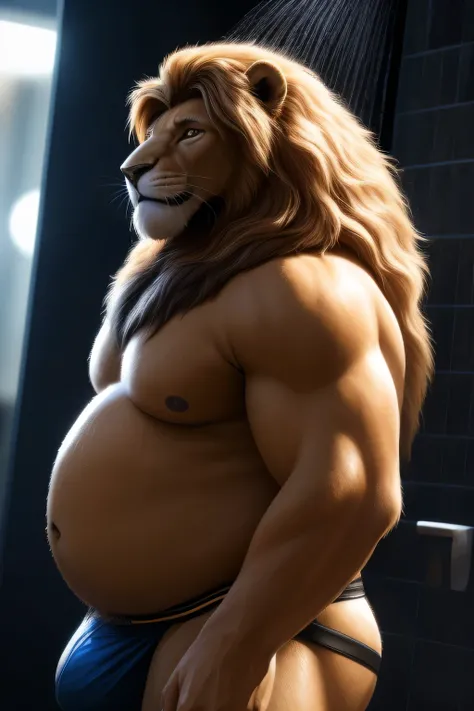 a male lion, long blond mane, extremely obese, big belly, fat belly, wearing jockstrap, in front of the shower, portrait (best quality,8k,highres,masterpiece:1.2),ultra-detailed,(realistic,photorealistic,photo-realistic:1.37),HDR,UHD,studio lighting,ultra-...