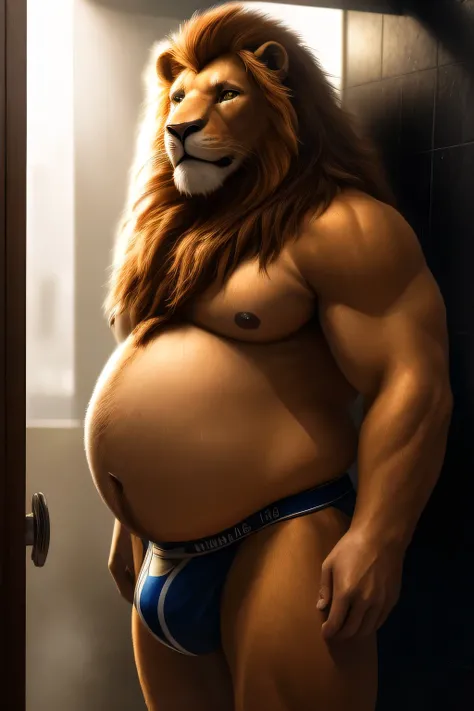 a male lion, long blond mane, extremely obese, big belly, fat belly, wearing jockstrap, in front of the shower, portrait (best quality,8k,highres,masterpiece:1.2),ultra-detailed,(realistic,photorealistic,photo-realistic:1.37),HDR,UHD,studio lighting,ultra-...