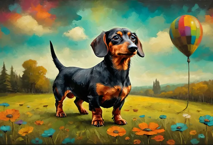 [front view] funny flyer Dachshund  stimpunk ( stile by Andy-Kehoe), very colorful, ((oil painting palette knife)), ((masterpiece)), extreme detail, perspective, 8k