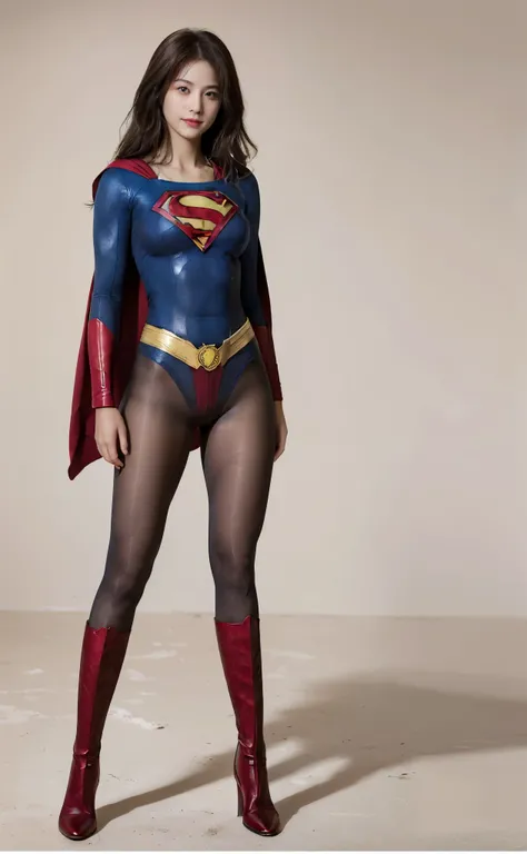 No background、(((Beautiful legs in black tights.)))、(((Legally express the beauty of your smile)))、((((Make the most of your original images)))、(((Body-hugging Supergirl costume)))、(((Supergirl Costume)))、(((Beautiful Hair)))、(((suffering)))、(((Please wear...
